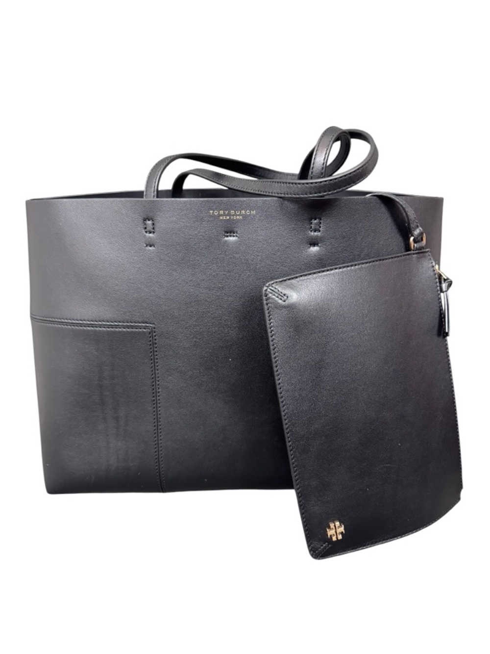 Tory Burch Large Block T Tote Bag Black with pouch like new